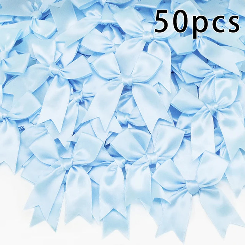 50PCS 85*85Mm Pink Satin Ribbon Bows Decoration Packages Gift Small Flower Bows for Craft Wedding Bow Birth DIY Party Decoration