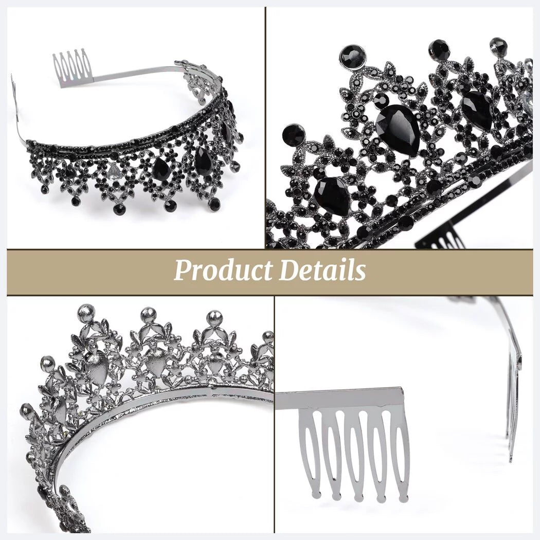 Black Tiara for Women, Baroque Black Crystal Crown for Ladies, Princess Queen Crown Gothic Tiara for Halloween Costumes Accessory for Girls Hair Accessory Black Silver Crown