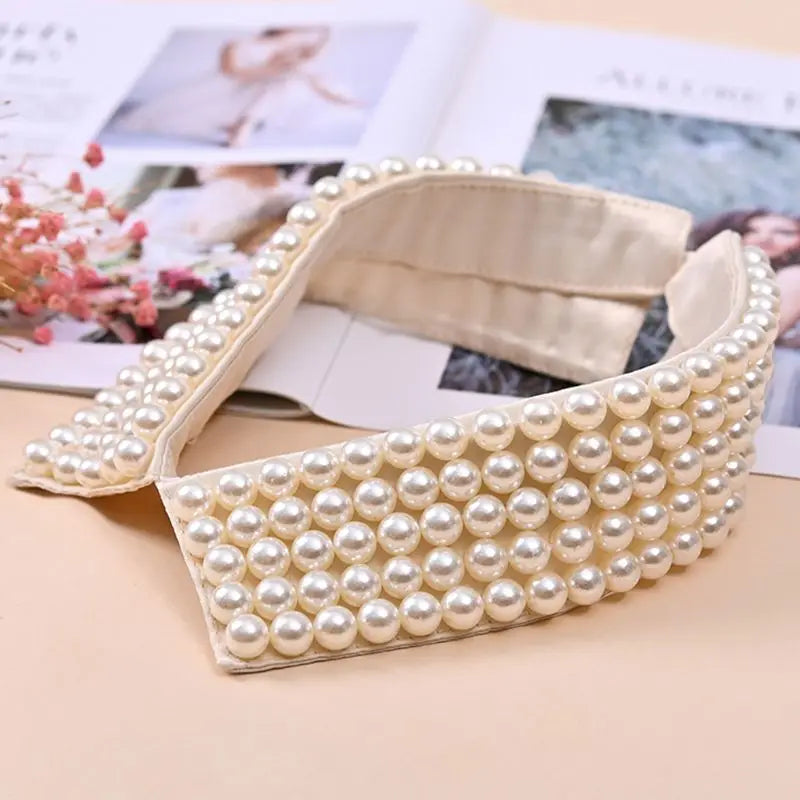 Women Handmade Beading Faux Pearls Layers Bib Lapel Fake Collar Necklace Choker