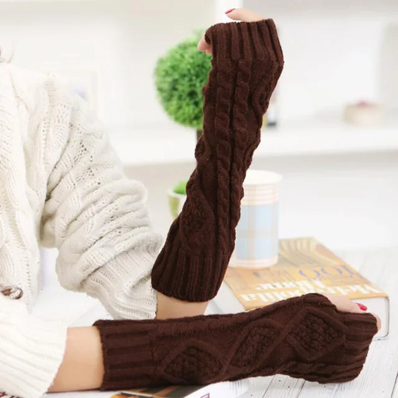 Long Section 30Cm Autumn Winter Ladies Wool Knitting Rhombic Fingerless Sleeve Women Half Finger Warm Exposed Fingers Gloves L89