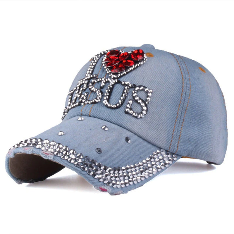 Fashion Jesus Letters Heart Baseball Cap Luxury Woman Caps Y2K Baseball Cap Leisure Hip-Pop Rhinestone Hat Outdoor Sports Cap