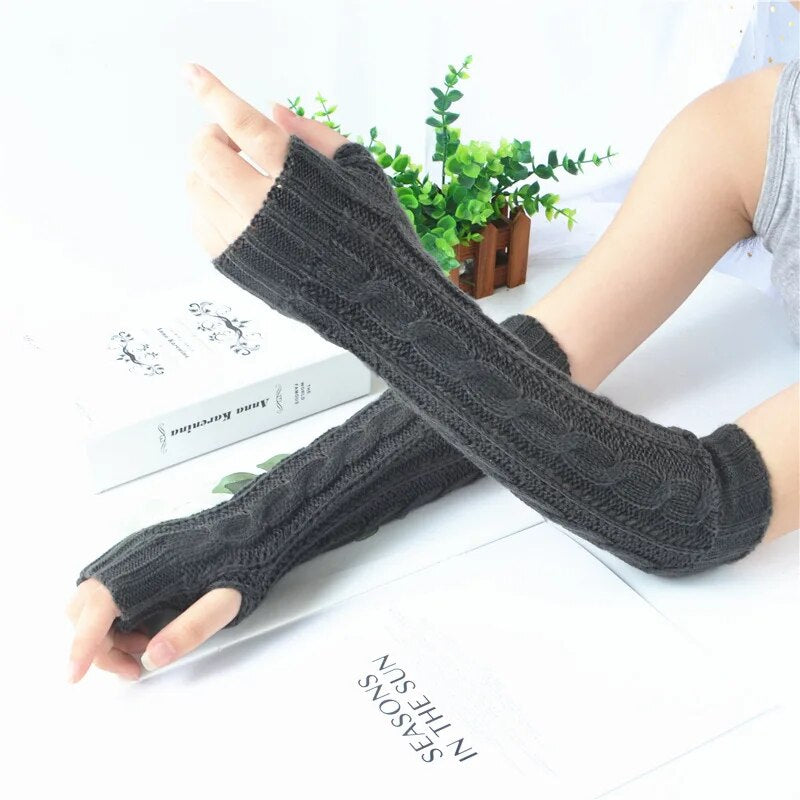 Women'S Long Fingerless Gloves Winter Punk Warm Oversleeves Knitted Half Finger Twist Arm Sleeve Mitten Keep Warm Arm Warmer