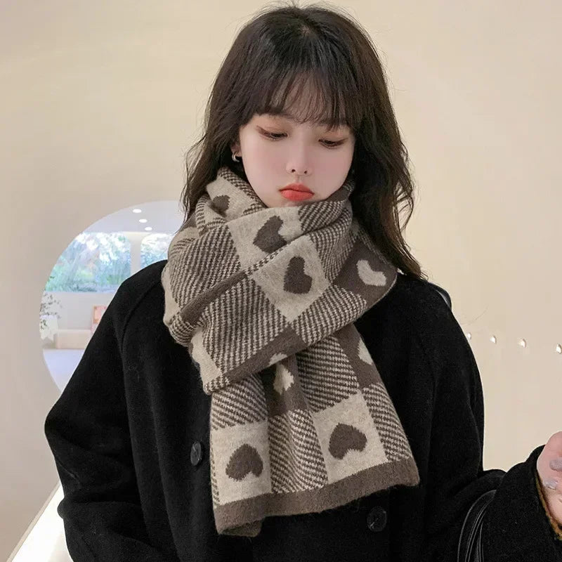 Knitted Scarf Love Heart Scarf Black White Plaid Scarf Thickened Warm Winter Women'S Scarves Christmas New Year Gifts Black