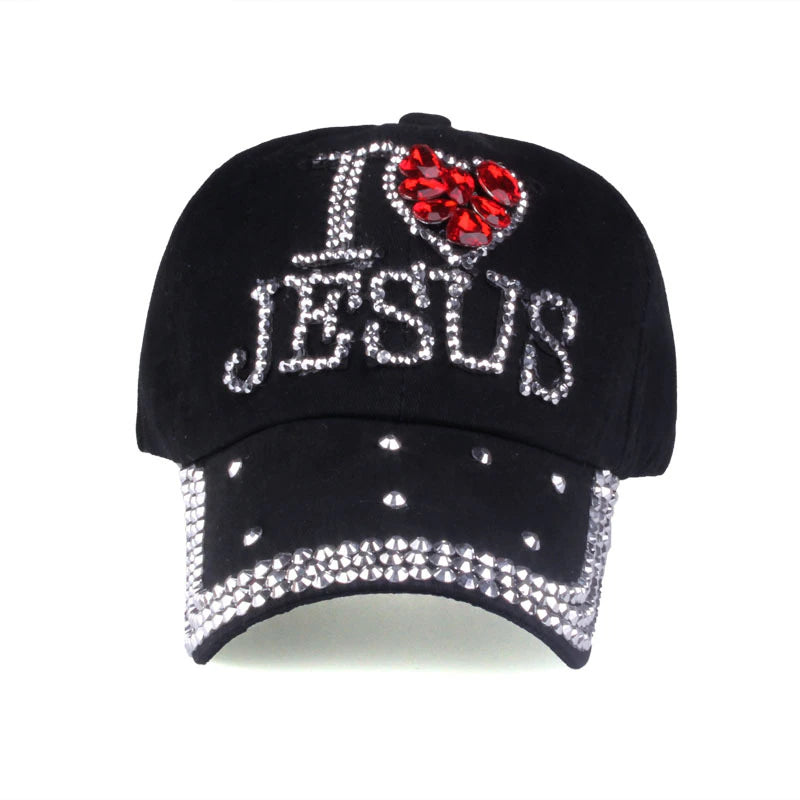 Fashion Jesus Letters Heart Baseball Cap Luxury Woman Caps Y2K Baseball Cap Leisure Hip-Pop Rhinestone Hat Outdoor Sports Cap