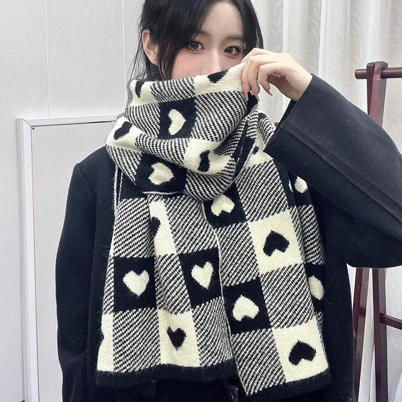 Knitted Scarf Love Heart Scarf Black White Plaid Scarf Thickened Warm Winter Women'S Scarves Christmas New Year Gifts Black