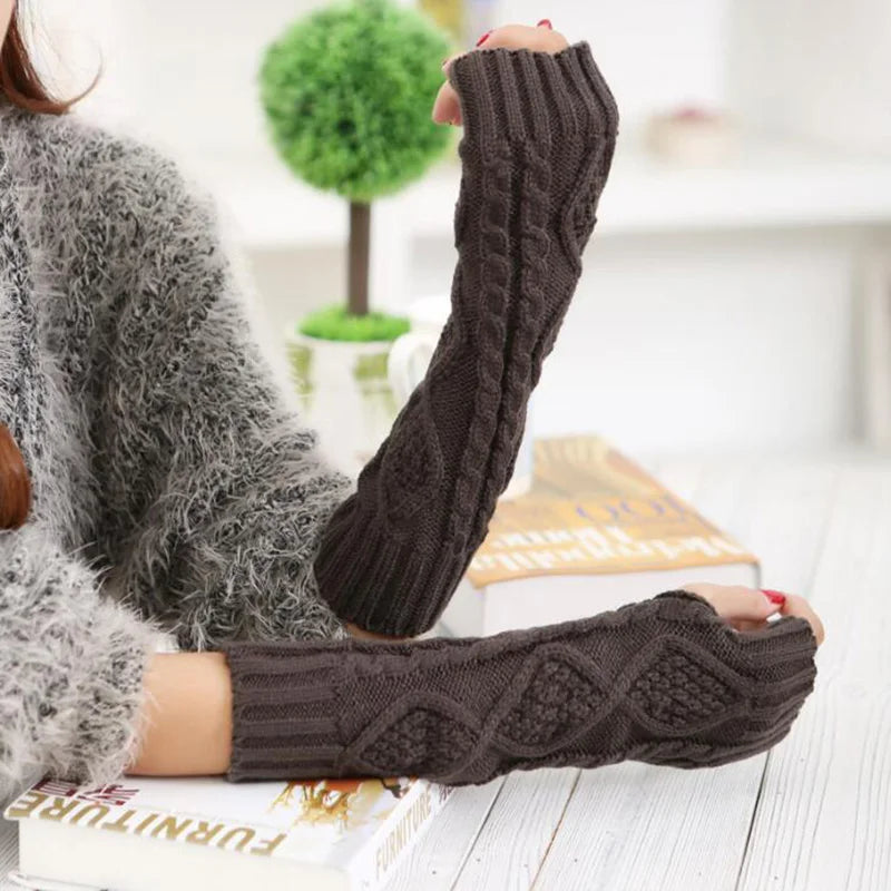 Long Section 30Cm Autumn Winter Ladies Wool Knitting Rhombic Fingerless Sleeve Women Half Finger Warm Exposed Fingers Gloves L89