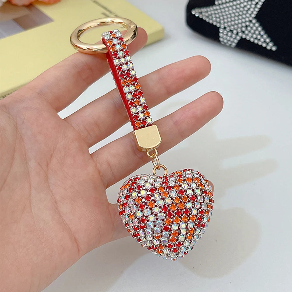 Light Luxury Multi-Color Love Heart Keychain Full Rhinestone Alloy Key Rings Women Handbag Pendant Creative Key Chains Gift