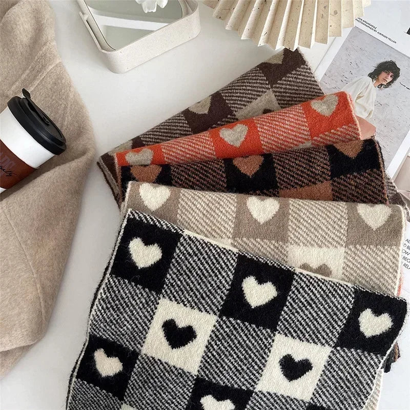 Knitted Scarf Love Heart Scarf Black White Plaid Scarf Thickened Warm Winter Women'S Scarves Christmas New Year Gifts Black